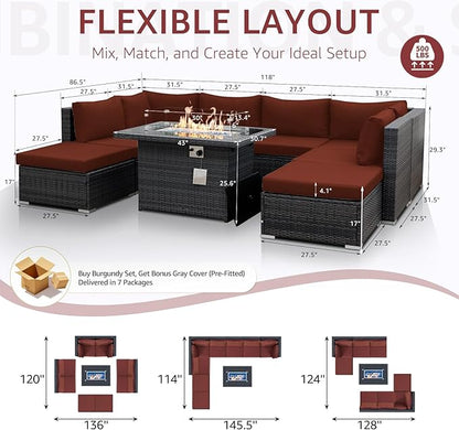 NICESOUL 9 Piece Extra Large Outdoor Patio Furniture Set with Firepit Table Natural Gas/Propane, 29.3'' High Back Gray Wicker Sectional Sofa, Deep Sitting Conversation,2 Color Cushion Burgundy & Gray