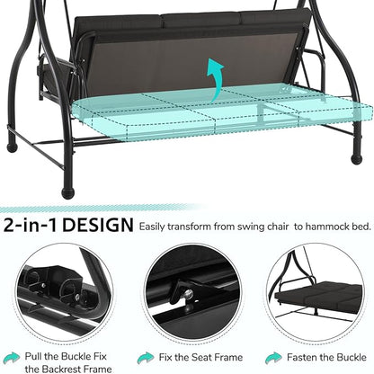 U-MAX Porch Swing Chair with Adjustable Backrest&Canopy, 3 Seat Patio Swing with Canopy 2-in-1 Convertible Outdoor Swing with Canopy Patio Daybed with Removable Black Cushions for Adults
