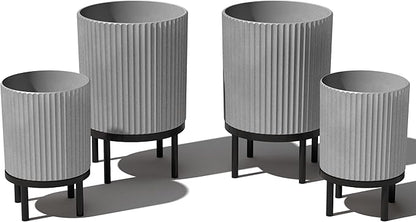 Veradek Demi Series Round Planter w/Stand for Porch/Patio | Durable Plastic-Stone Composite & Wooden Stand | Modern Décor for Tall Plants, Flowers