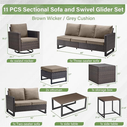 Belord Spacious 11 Pieces Patio Conversation Set - 5-Seater Outdoor Furniture Sectional Sets with Swivel Glider Chairs Set of 4 and Storage Box, Metal Top Coffee Table with Embedded Ottoman Brown