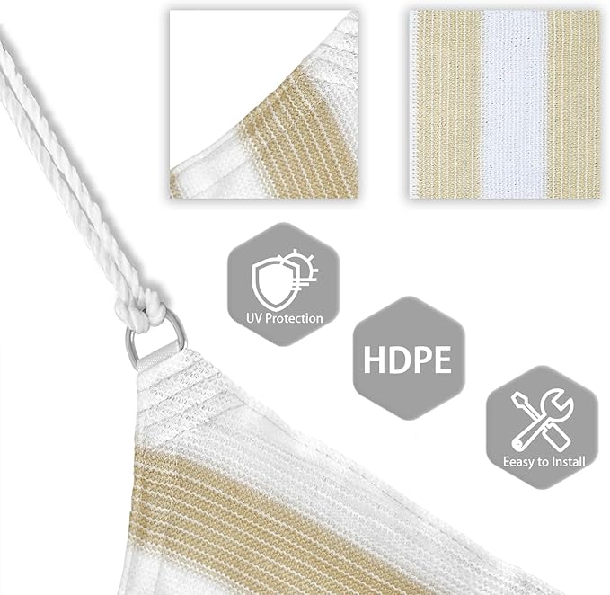 Patio Paradise 21' x 21' x 21' Sun Shade Sail Triangle Canopy Shade Cloth Fabric Sunlight Block Patio Pergola Cover HDPE Deck Awning for Outdoor Backyard Roof Shading, Beige White Strip