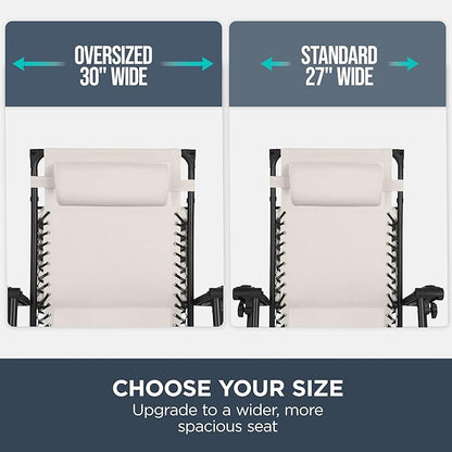 Best Choice Products 30” Wide Folding Zero Gravity Outdoor Recliner Patio Lounge Chair w/Adjustable Canopy Shade, Headrest, Side Accessory Tray - Ivory
