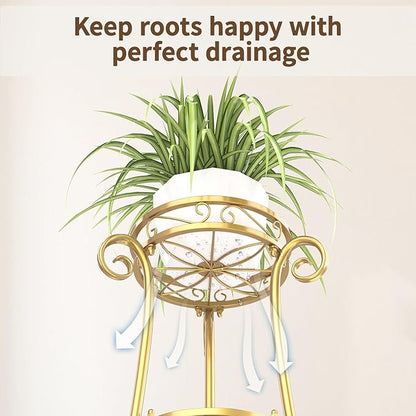 LASZOLA 3 Tier Gold Metal Plant Stand for Multiple Large Planters Indoor Outdoor Organizer, Heavy Duty Tall Flower Stand for Corner Patio Bathroom Office, Modern Sturdy Vertical Iron Rack, Cat Proof