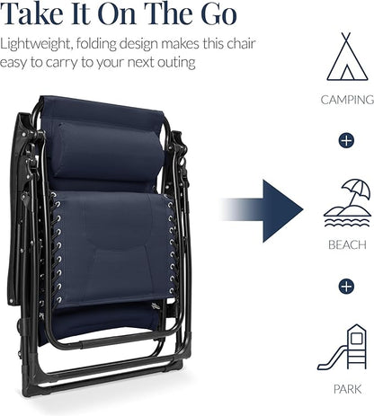 Best Choice Products Oversized Padded Zero Gravity Chair, Folding Outdoor Patio Recliner, XL Anti Gravity Lounger for Backyard w/Headrest, Cup Holder, Side Tray, Polyester Mesh - Navy Blue