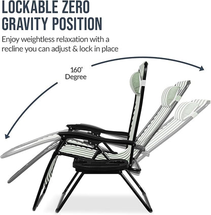 Best Choice Products Set of 2 Extra Wide Adjustable Steel Mesh Zero Gravity Lounge Chair Recliners w/Pillows and Cup Holder Trays - Sage Green Stripes