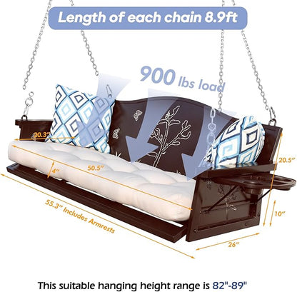 3-Seat Metal Porch Swing 900 LBS Heavy Duty Hanging Bench with Upgraded Tray & Cushions Rust-Resistant Finish Swing Chair with 8.9FT Chains for Patio Lawn Garden