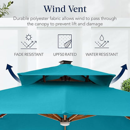 Best Choice Products 10ft Square Cantilever Patio Umbrella w/Base Included, Woodgrain Pattern Pole & Solar LED Lights, 360-Rotation, Offset Hanging Outdoor Shade - Cerulean