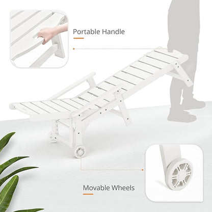 LUE BONA Outdoor Chaise Lounge, HDPS Chaise Lounger, 5 Positions Adjustable Lounge Chairs, Pool Lounge Chair with Wheels for Poolside, Backyard, White
