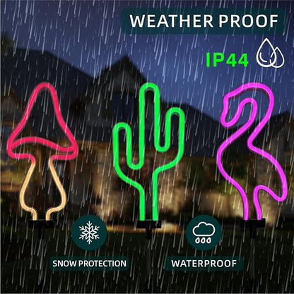 Flamingo Cactus and Mushroom Solar Garden Stake Lights Outdoor Waterproof Neon Lights Decoration,Outdoor Solar Pink Flamingos Lights for Outside,Yard,Pathways,Patio, Lawn or Landscaping Decor(3pcs)