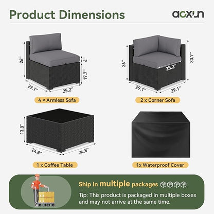 Aoxun 7 Piece Patio Furniture Set Wicker Rattan Patio Sectional Sofa Set Outdoor Seating Furniture with Thickened Cushion, Grey