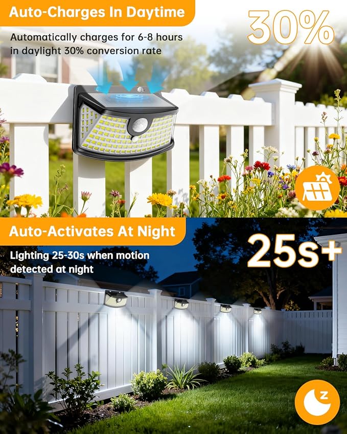 Aootek New Solar Motion Sensor Lights 120 LEDs with Lights Reflector,270° Wide Angle, IP65 Waterproof, Step Lights for Front Door, Yard, Garage, Deck (Black, Daylight White, 12-Pack)