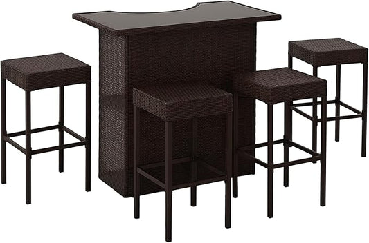 Outsunny 5 Pcs Rattan Wicker Bar Set, High Top Outdoor Table and Chairs, Bar Height Patio Set with Glass Table Top 2 Tier Storage Shelf, and 4 Bar Stools for Garden, Poolside, Dark Brown