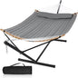 Outdoor Hammock with Stand Included, Heavy Duty Hammock with Curved Spreader Bar, Pillow and Portable Bag, 450 Lbs Capacity, Grey