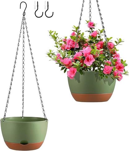 Hanging Planters for Indoor Plants, Set of 2 8/10 Inch Self-Watering Hanging Pots with Drainage Hole & Removable Water-Storage Tray II Screw-in Hooks