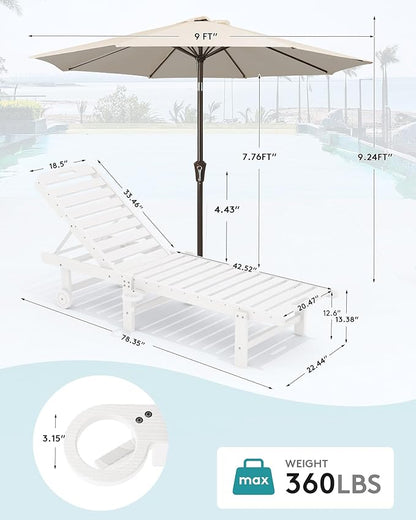 SERWALL Outdoor Chaise Lounge Set of 2 with 9FT Patio Umbrella, HDPE Pool Lounge Chair with 5-Position Adjustable Backrest, Patio Lounger with Rolling Wheels & Cup Holder for Pool, White