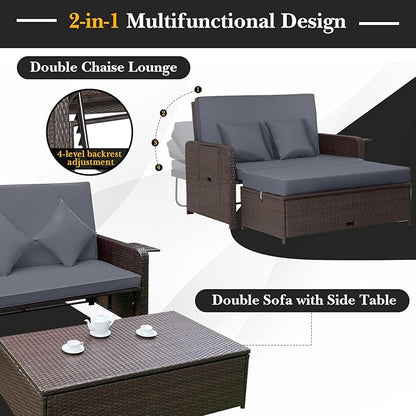 LDAILY Moccha Outdoor Daybed, Wicker Loveseat Sofa Set with 4-Postion Adjustable Backrest, Storage Ottoman, Cushions, Rattan Double Bed Lounger, Patio Furniture Set (Gray)