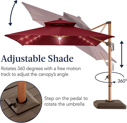 Best Choice Products 10ft Square Cantilever Patio Umbrella w/Base Included, Woodgrain Pattern Pole & Solar LED Lights, 360-Rotation, Offset Hanging Outdoor Shade - Burgundy