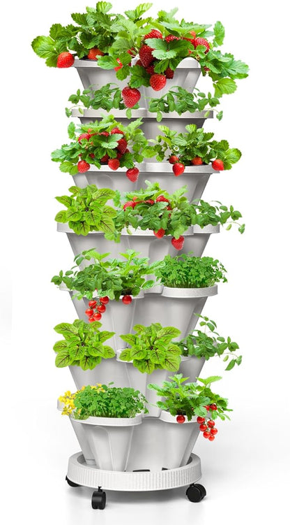 Strawberry Vertical Planter Tower Garden, 7 Tiered Stackable Planter Herb Garden Planter with Movable Casters and Bottom Saucer Indoor and Outdoor - White