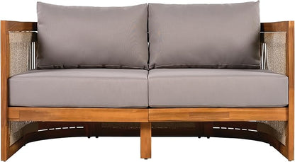 Merax 4-Piece Patio Premium Acacia Wood Outdoor Furniture Set,All Weather Curved Tub Design with Woven Rope Accents Loveseat Chairs and Table for Backyard, Balcony and Deck,Teak+Grey