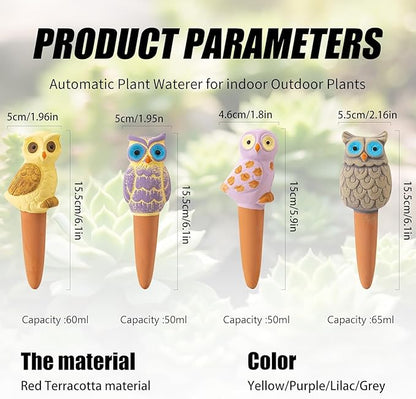 4 Pack Handmade Terracotta Owl Watering Spikes and Globes, Self-Watering Plant Devices with Slow Release System for Continuous Moisture, Perfect Water Bulbs for Indoor and Outdoor Plants Vacation Use