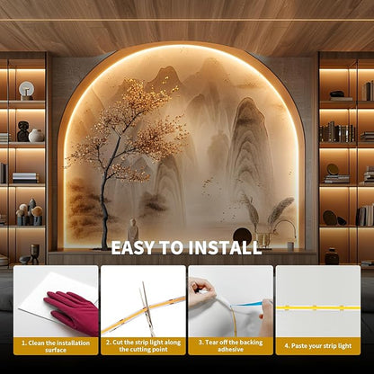 COB LED Strip Light 40ft/12m (1 Roll) Warm White 3000K High Lumen CRI 90+ with UL Listed Power Adapter Remote for Bedroom Counter Under Cabinet Kitchen Projects