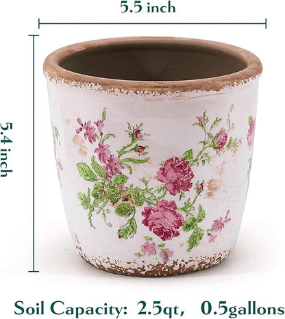 Vintage Ceramic Planter with Drainage Hole, Plastic Tray & Mesh, 5.5 Inch - Indoor/Outdoor Flower Pot, Pink Floral Rustic Farmhouse Design Plant pot for Home, Office & Garden Décor, Ideal Gift