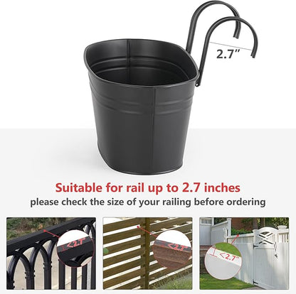 Dahey 10.5 Inch Metal Iron Hanging Flower Pots for Railing Fence Hanging Bucket Pots Countryside Style Window Flower Plant Holder with Detachable Hooks Home Decor,Black,5 Pcs