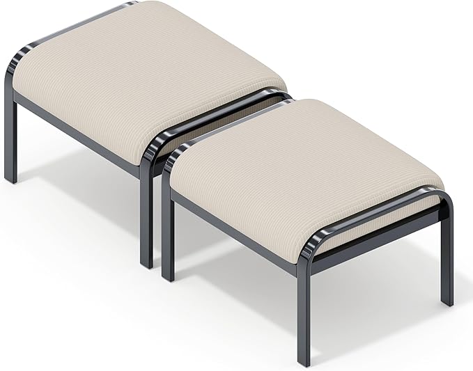 HOMREST Metal Outdoor Ottoman, 2-Piece Aluminum Footstool w/Removable Cushion, Multipurpose Footrest Stool Additional Seating, Set of 2 Outdoor Ottomans for Patio Deck (Beige)