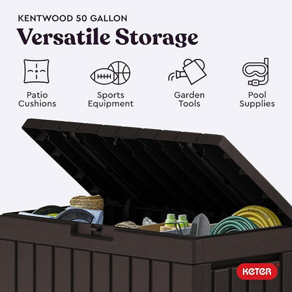 Keter Kentwood 50 Gallon Resin Deck Box for Outdoor Storage – Weather‑Resistant Balcony & Patio Box for Cushions, Throw Pillows & Garden Tools, Brown