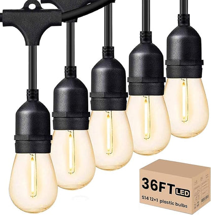 Svater Outdoor Led String Lights 36 FT, Patio Lights for Outside with 13pcs S14 Shatterproof Bulbs, 1 Watt E26 Dimmable, IP65 Waterproof, Commercial Grade Bistro Light 2700K Warm White