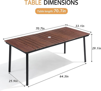 70 Inch Patio Outdoor Dining Table for 6 with Wood-Like Top & Umbrella Hole, All-Weather Deck & Backyard Table
