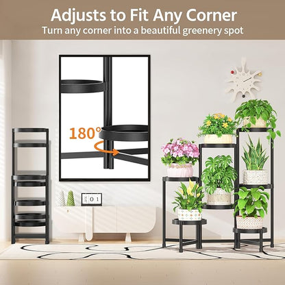 LASZOLA 7 Tiered Folding Plant Stand Indoor for Multiple Large Planter, Tall Heavy Duty Adjustable Rack with Rust Proof Plastic Shelving, Sturdy Vertical Tree Organizer for Narrow Inside Floor, Black