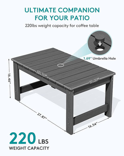 SERWALL Outdoor Coffee Table with 9FT Umbrella, HDPE Patio Coffee Table for Outside, Rectangle, Gray(Not Include Umbrella Base)