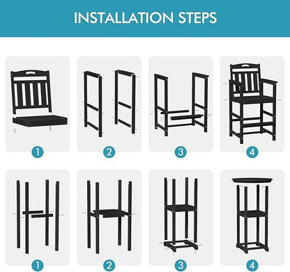 Ciokea 3-Pcs Bistro Table and Chairs, All-Weather Round High Top Bar Table with Storage Shelf and 2 Oversized Adirondack Chairs, Heavy Duty Outdoor Bar Set Patio Bistro Set for Balcony Deck, Black