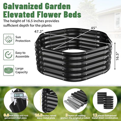 Hexagon Raised Garden Bed, 48 Inch Diagonal & 16.5 Inch Tall, Galvanized Steel Planter Box with Wave-Shaped Metal Panels for Outdoor Flower,Tree,Herb & Vegetable Garden (Black, 4FT X 1.5FT)
