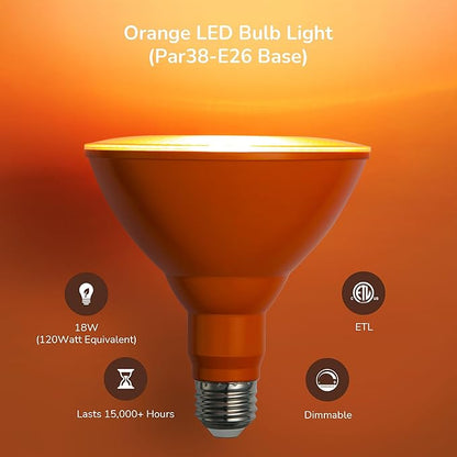 EDISHINE PAR38 Orange LED Flood Light Bulbs Outdoor, Dimmable LED Light Bulb, 18W(120W Equivalent), Outdoor Weatherproof Light Bulb, E26 Base, 2 Pack