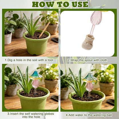 4 Pcs Plant Watering Globes Self Watering Planter Insert Glass Water Bulbs for Indoor and Outdoor Plants Mushroom Plant Watering Devices for Travel Vacation