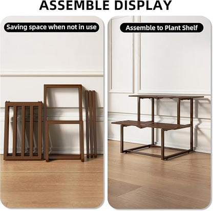 Metal Plant Stand, Foldable Heavy Duty Indoor, Window Iron Plant Shelf - Mid Century Modern Slatted Display for Patio, Garden, Living Room Load Bearing 330 lbs 26" L x 20.2" H x 17.7" W 2 Tier Coffee