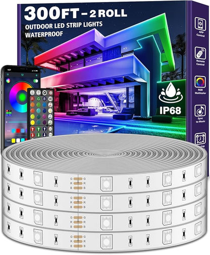 Outdoor LED Strip Lights Waterproof,IP68 Outside Led Light Strips Waterproof with Bluetooth App Remote Control,Music Sync RGB Exterior Led Rope Lights,for Balcony,Deck,Roof,Garden,Pool (300FT Outdoor)