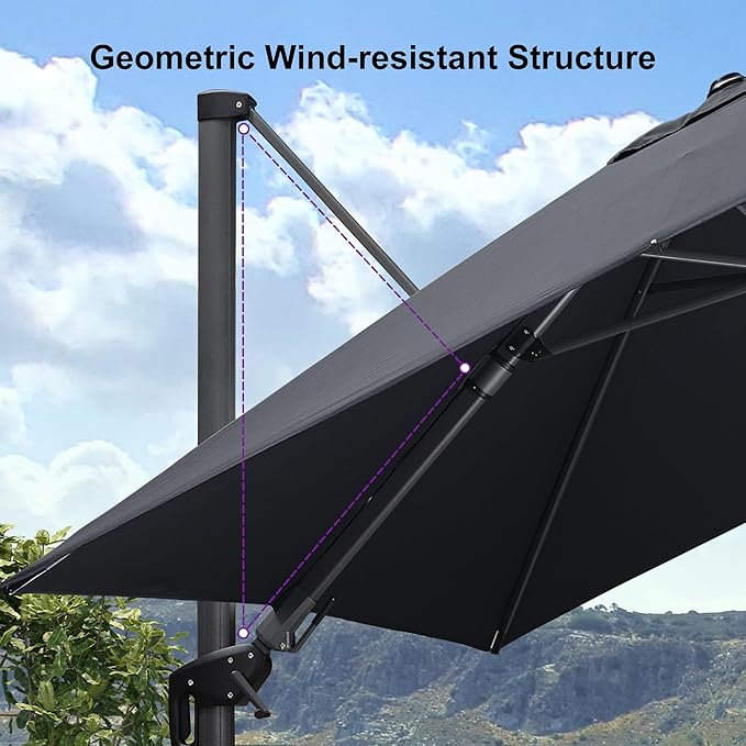 PURPLE LEAF 9' X 12' Right-left Tilt Patio Umbrella with Base Outdoor Cantilever Swivel Rectangle Umbrella Aluminum Offset Umbrella with 360-degree Rotation for Garden Deck Pool Patio Grey
