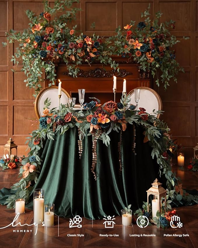 Artificial Flower Garland 6 Ft Eucalyptus and Rose, Dark Teal & Burnt Orange