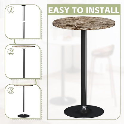 Flamaker Round Bistro Pub Table Modern Style Metal Base MDF Top Cocktail Bar Table Counter Bar Height for Pub, Dining Room, Party (1, Marble-Black)
