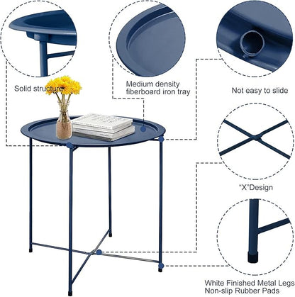 Garden 4 you End Table 2 PCS Metal Side Table Dark Blue Round Folding Tray Cyan Sofa Small Accent Fold-able Table, Round End Table Tray, Next to Sofa Table, Snack Table for Living Room and Bed Room