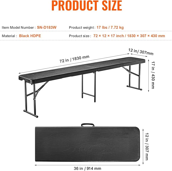 VEVOR Plastic Folding Bench, 6ft Portable Folding Bench, Smooth High Density Polyethylene Waterproof Outdoor Bench, Picnic Camping Table with Handle for Garden Soccer Playtime, Black (1 Pack)