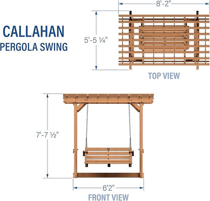 Backyard Discovery Callahan 8' x 5' Cedar Wood Outdoor Patio Pergola Swing Bench with Trellis, Two-Person Seating, Chains, Water Resistance, 600 Lb Weight Capacity for Porch, Patio, Deck, Garden