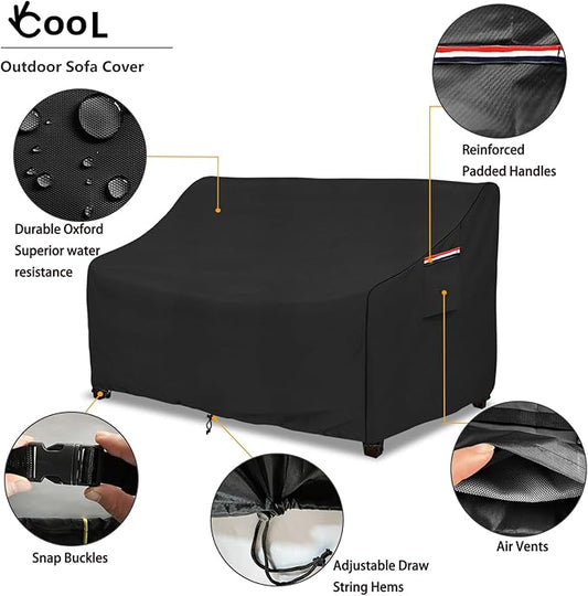 Patio Sofa Cover, Black Waterproof Polyester with Buckle Straps