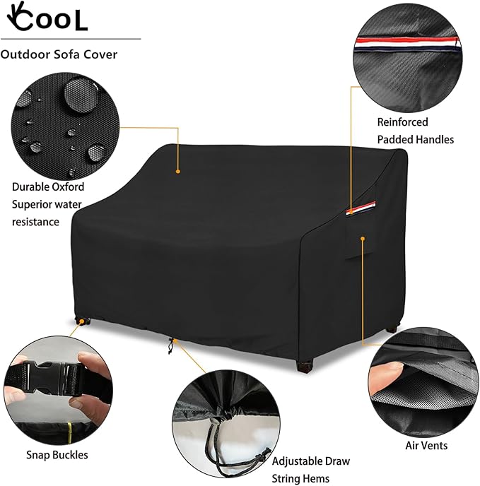 Patio Sofa Cover, Waterproof Polyester with Wind Straps, Black