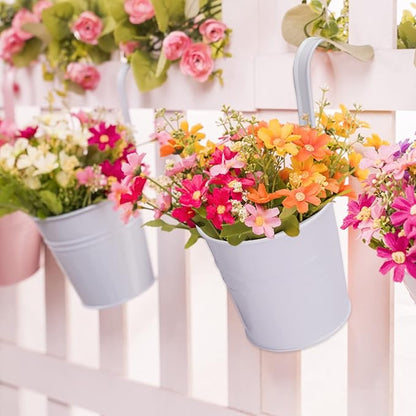 KINGLAKE Flower Pots,10 Pcs Metal Iron Hanging Flower Plant Pots Balcony Garden Plant Planter Baskets Fence Bucket Pot 4'' Flower Holders with Detachable Hook White