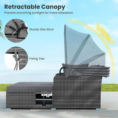 ORALNER Outdoor Daybed, 2-Person Wicker Patio Sofa with Retractable Canopy, Cushions & Pillows, 2 Side Trays, PE Rattan Double Sunbed for Deck Poolside Garden Balcony Backyard (Gray, Mix Gray)