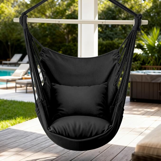 Hammock Chair with 2 Cushions, Black Macrame Swing, 350 lb Capacity